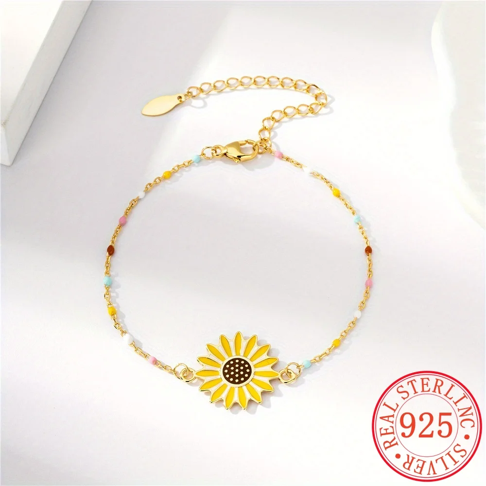 

Trendy 925 Sterling Silver Sunflower and Enamel Disc Bracelet with 18K Gold Plating for Women Wedding Party Daily Wear