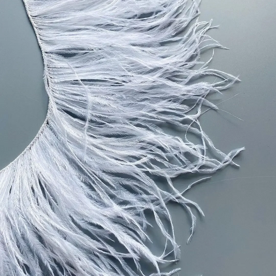 Vente en gros de garniture en plumes d’autruche blanches de 1 m pour robe de mariée, accessoires de couture décoratifs pour vêtements, franges de plumes de 10 à 22 cm de long