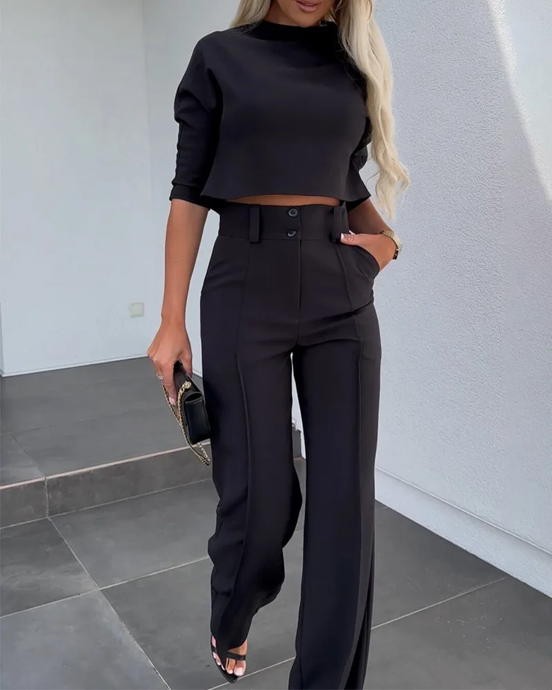 Elegantes 2-teiliges Damen-Büro-Outfit-Set mit Stehkragen, bauchfreies Oberteil und geknöpfter Hose mit Tasche, passende Sets für Damen-Arbeitskleidung – Detail 12