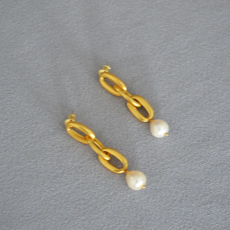 Freshwater Pearl Earrings Vintage 925 Silver Needle Gold-plated Brass Chain Drop Earrings