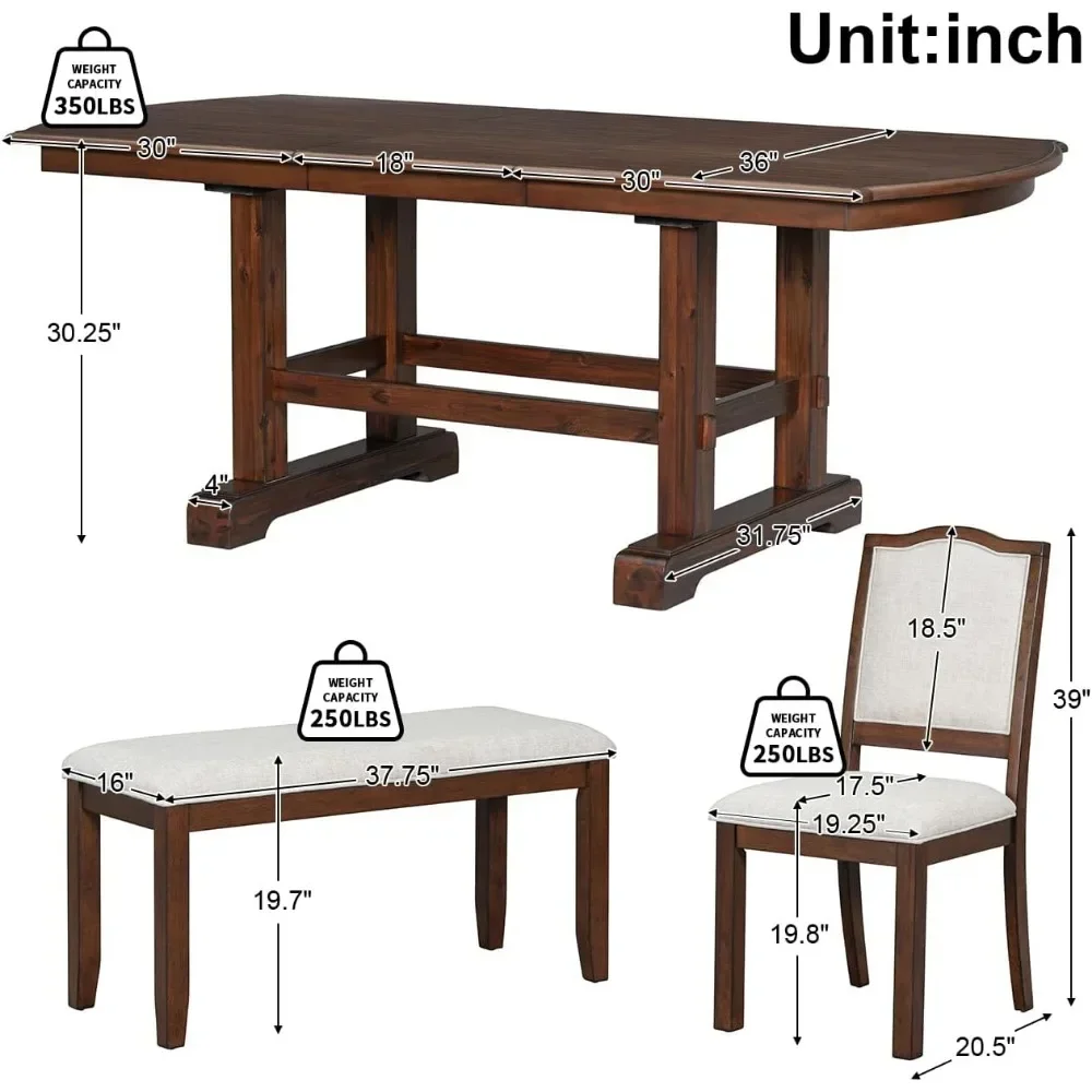 6-Piece Dining Table Set, Extendable Wood Table with 18-inch Removable Leaf, 4 Upholstered Chairs and Bench, Dining Table Set 4