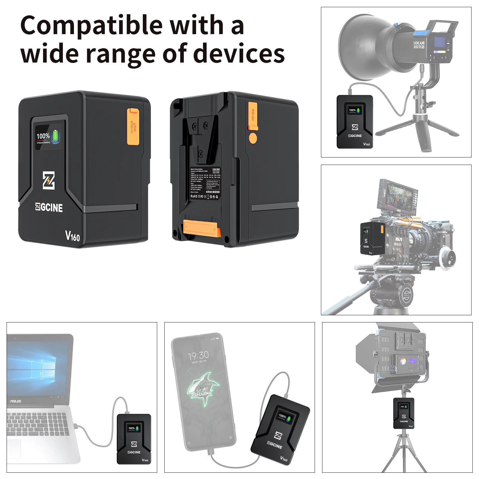 ZGCINE ZG-V160 V Mount Battery 9600mAh Power Bank 14.8V V Lock V Shape Li-ion Battery PD Fast Charging For camera DSLR