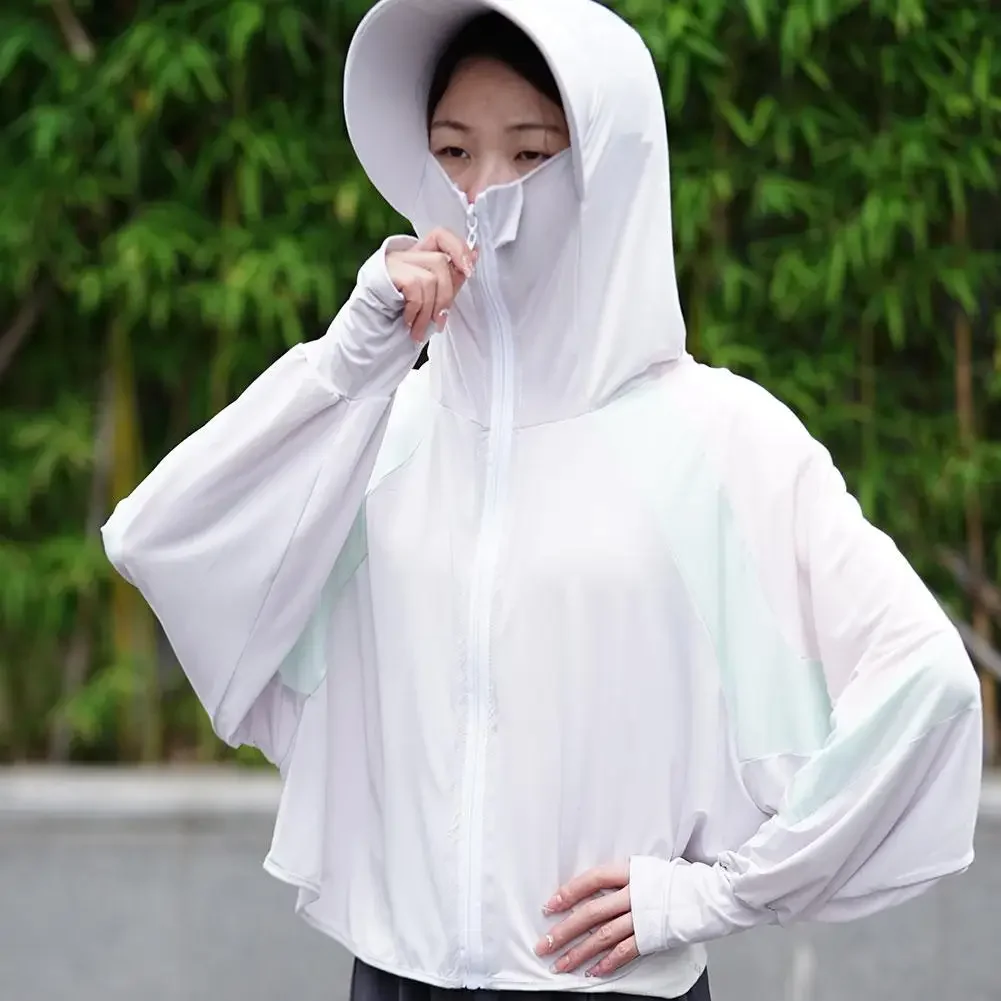 Sun-Protective Clothing Jacket Women Contrast Color Sun Hat Hooded Coat for Summer Lady Long Sleeve Clothing Breathable Veil
