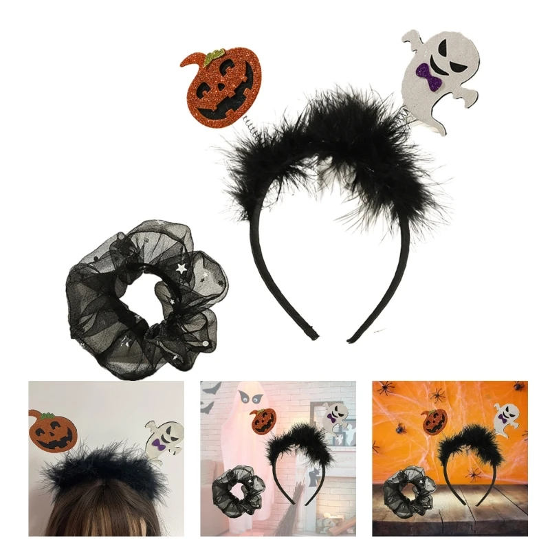 

Halloween Hair Tie Headdress Headband Glitter Cartoon Pumpkin Strong Hold Catch Hair Hoop Hair Styling Tool