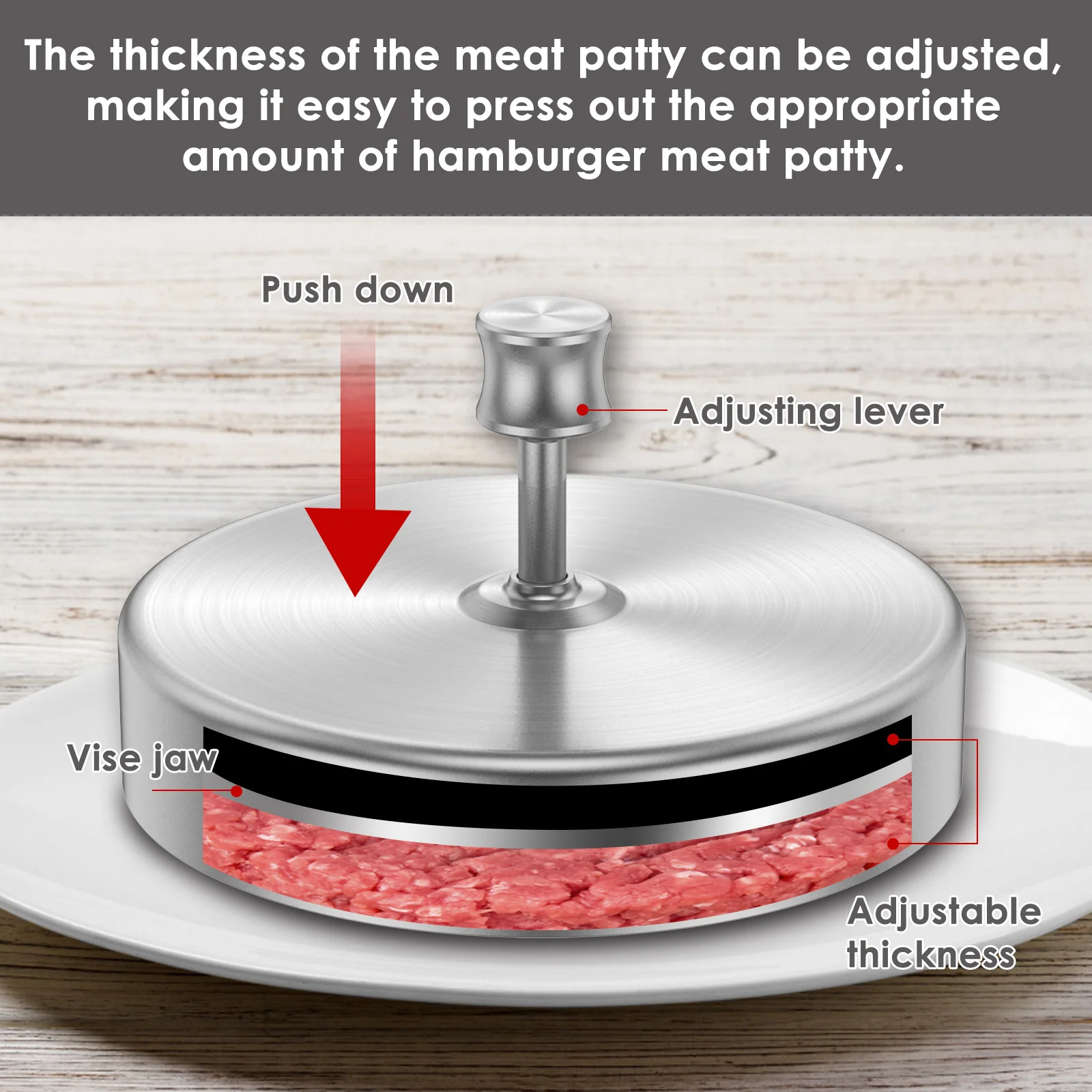 Burger Press with 100 Patty Papers Stainless Steel Hamburger Patty Maker Adjustable Thickness Burger Press Maker Non Stick burger press