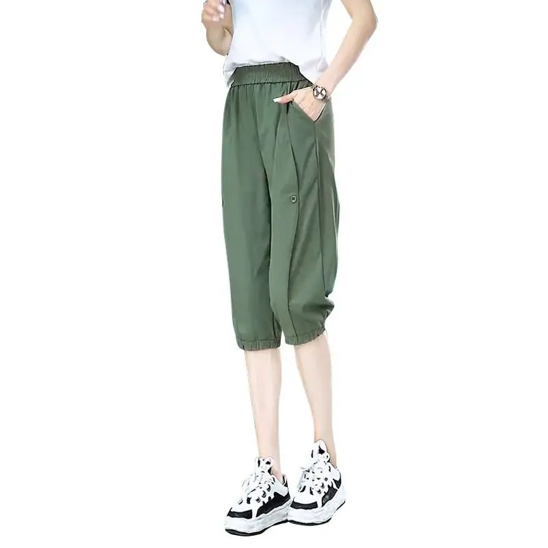 Summer New Solid Color Fashion Elastic Waist Calf Length Pants Women High Street Casual Loose Pleated Pockets Button Haren Pants