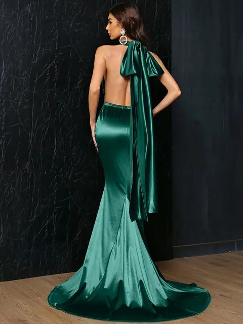 Missord Green Satin Long Party Dress 2