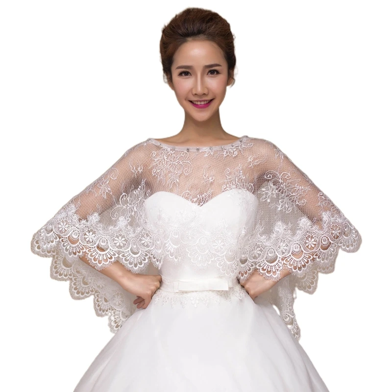 

New Women Floral Lace Wedding Cape Shawl Wrap for Rhinestone Bridal Capelet S