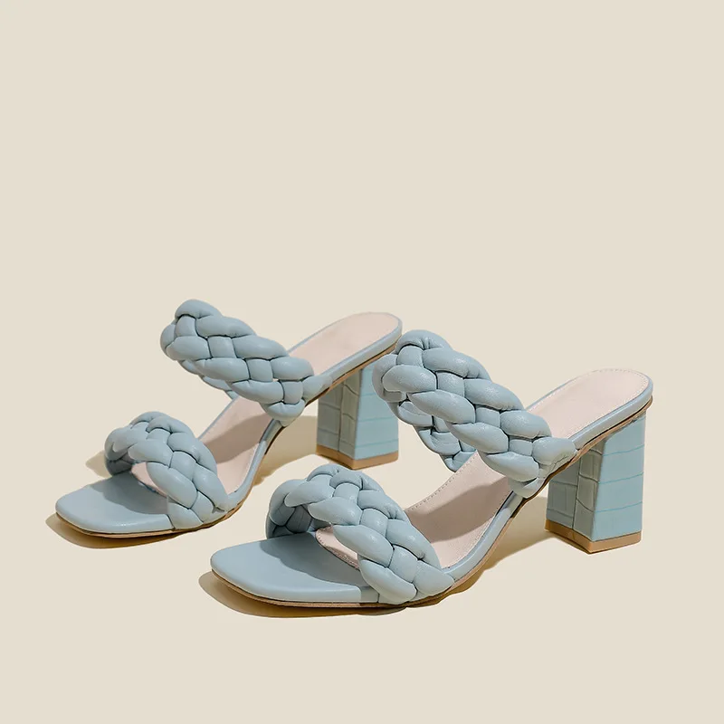 New Arrive Fashion Solid PU Weaving Square Open Toe High Heel Women Mules Rome Sandals Ankle Slip-On Summer Slippers Women