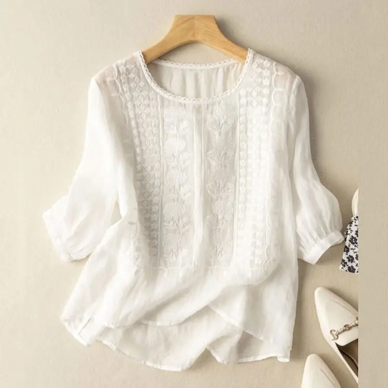 Loose Fit Cotton Embroidery Blouse