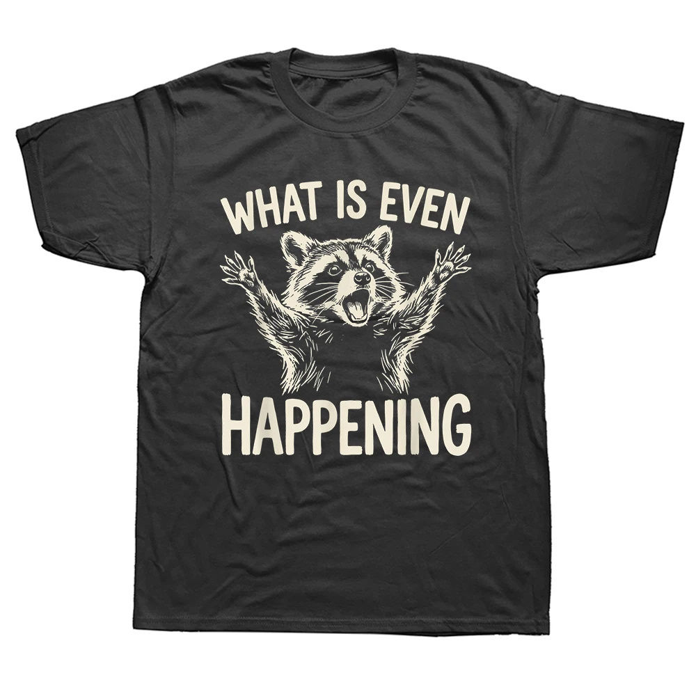 Was ist denn da los? Lustiges Waschbär-Meme T-Shirt im Vintage-Sommerstil aus Baumwolle, kurzärmelig, übergroßes T-Shirt-Oberteil.