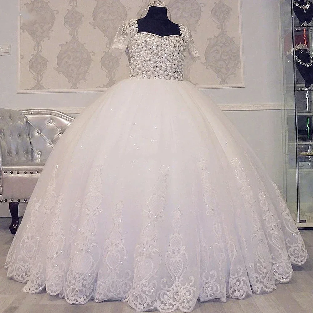 

Exquisite Lace Flower Girl Dress Tulle Pearls First Communion Ball Gown Princess Long Glitter Child Wedding Birthday Dresses