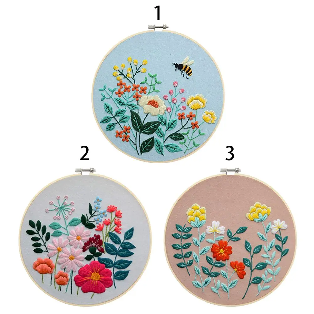 Hand Embroidery Kit DIY Needlework Flower Grass Colourful Needlecraft for Beginner Cross Stitch Artcraft Material Pack With Hoop