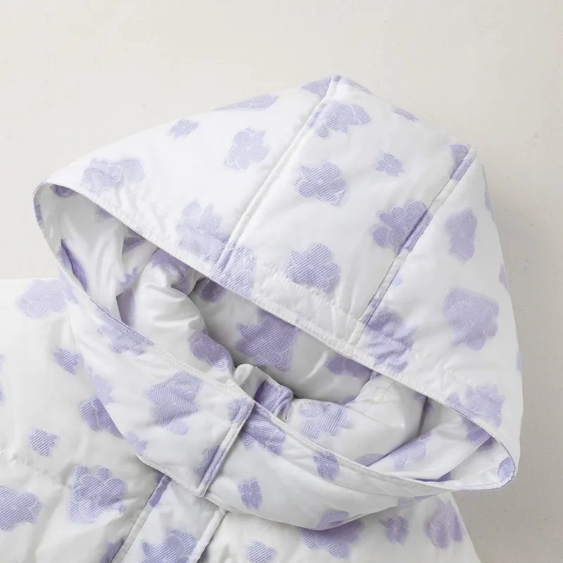 INMAN Women Hooded Down Jacket Winter Long Sleeve Loose White Duck Down Coat Flower Jacquard Adjustable Waistband Chic Outwear