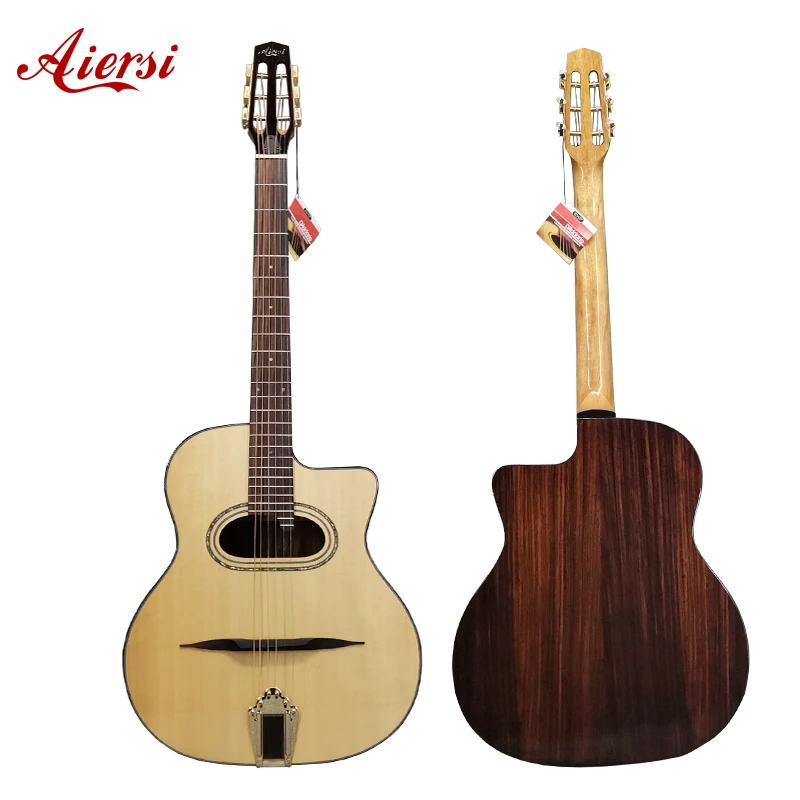 Aiersi Brand Handmade Professionals Playable Gloss Finish D Hole Arch Top Steel String Gypsy Jazz Manouche Chitarra Acustica