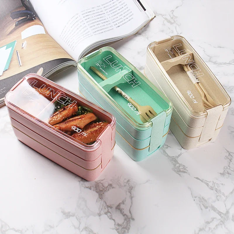 Description Picture 3 of item900ml Healthy Material Lunch Box 3 Layer Wheat Straw Bento Boxes Microwave Dinnerware Food Storage Container Lunchbox