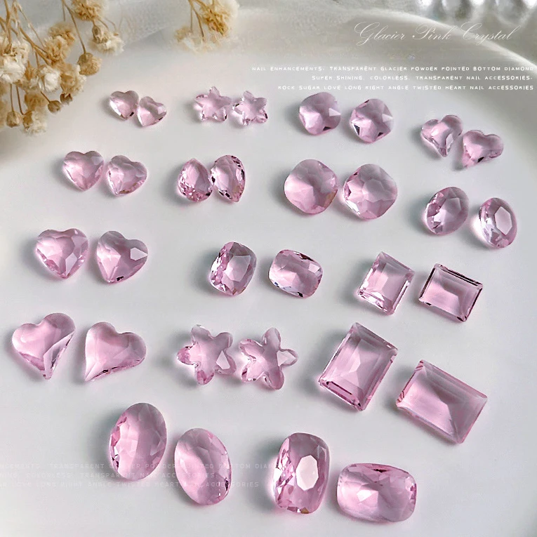 20Pcs Glacier Pink Crystal Fondo A Punta Naked Diamond Nail Charms Decorazione Sparkling Twisted Heart Square Accessori