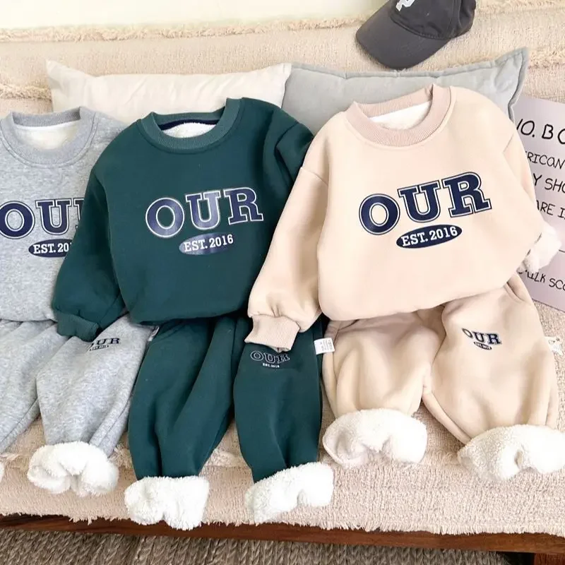 

2023 Winter Girls Boys Casual Thick Warm Fleece Print 2pcs Suit Baby Kids Children Clothing Set