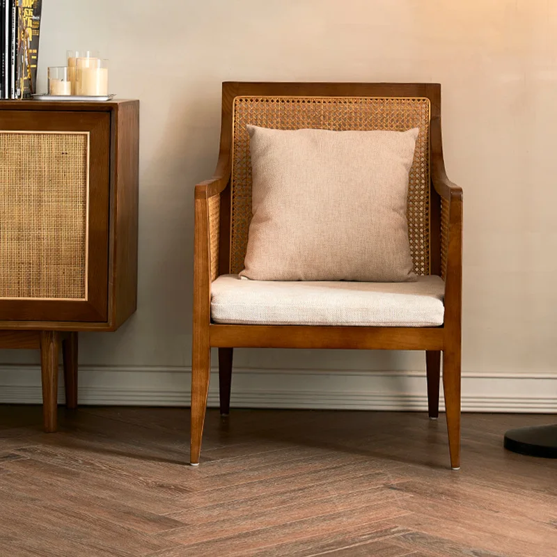 Nordic Solid Wood Rattan Living Room Chairs Modern Minimalist Outdoor Courtyard Sofa Light Luxury Designer Back Armchair