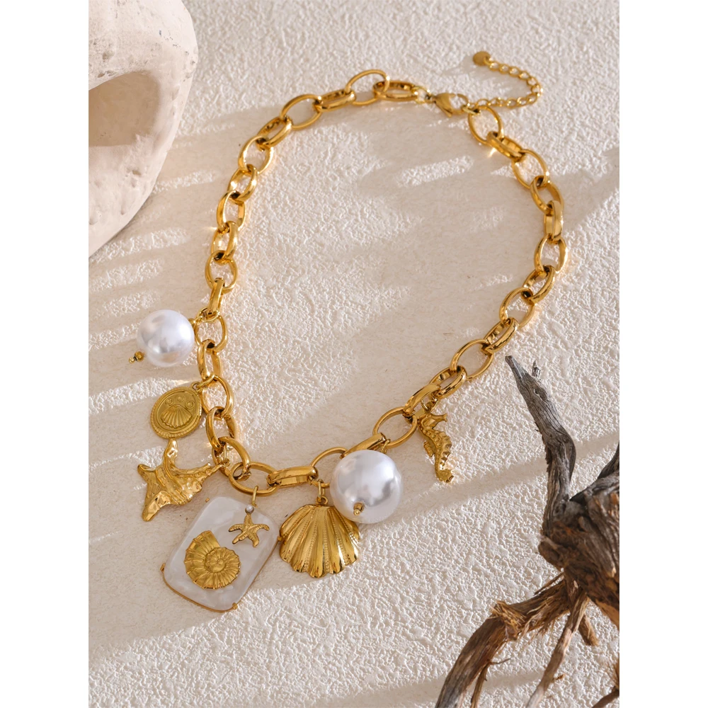 Yhpup Stainless Steel Pearl Resin Starfish Shell Pendant Necklace for Women