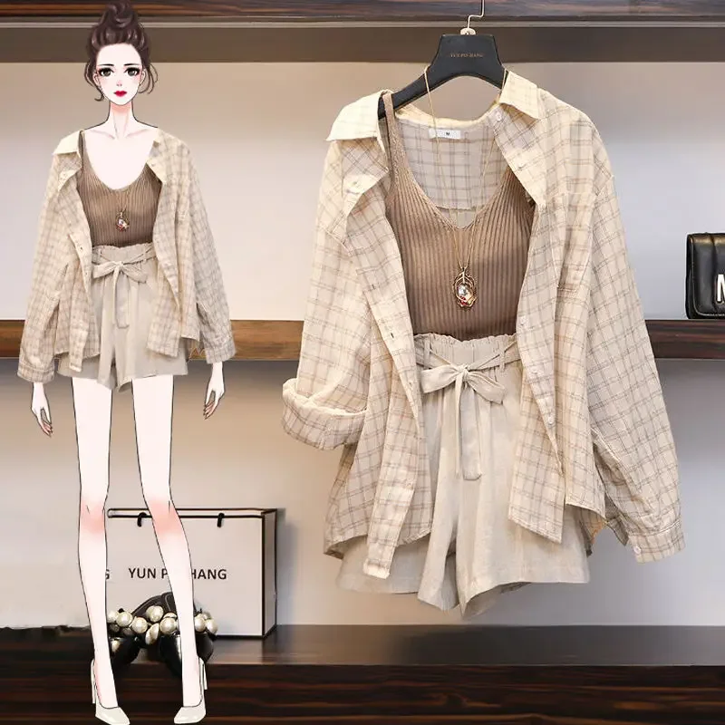 

Large Women's Set Spring 2024 Summer New Fat Sister Casual Fashion Shirt Tank Top Shorts Three Piece Set Women Clothingshort Set