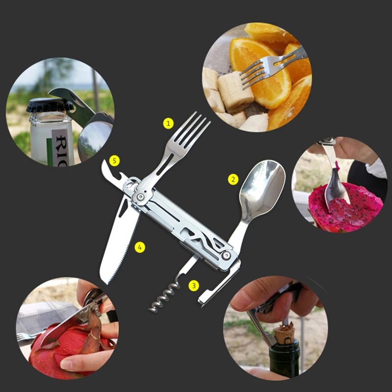 Multipurpose Knife Outdoor Camping Picnic Cutlery Travel Portable Folding Knife Fork Spoon Combination Wine Bottle Opener