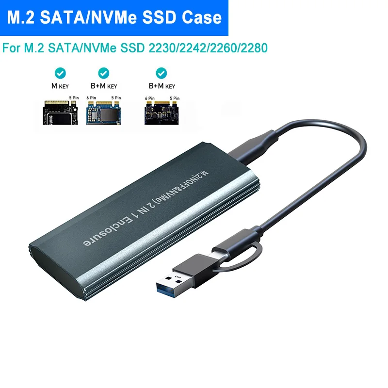 

Чехол M.2 на USB 3,1 SSD, двухпротокольный M.2 NVME PCIe NGFF SATA M2 SSD адаптер для 2230 2242 2260 2280 NVMe/SATA M.2 SSD RTL9210B