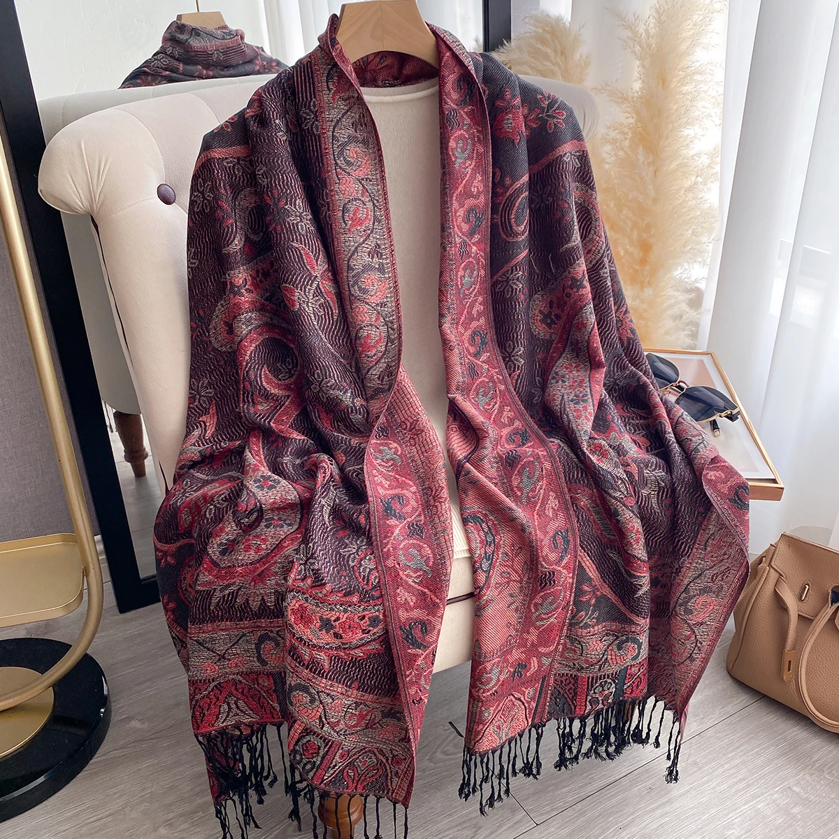 Luxury Women's Winter Cashmere Scarf - Printed Tasseled Shawl, Embroidered Chunky Headscarf & Elegant Pareo Cape