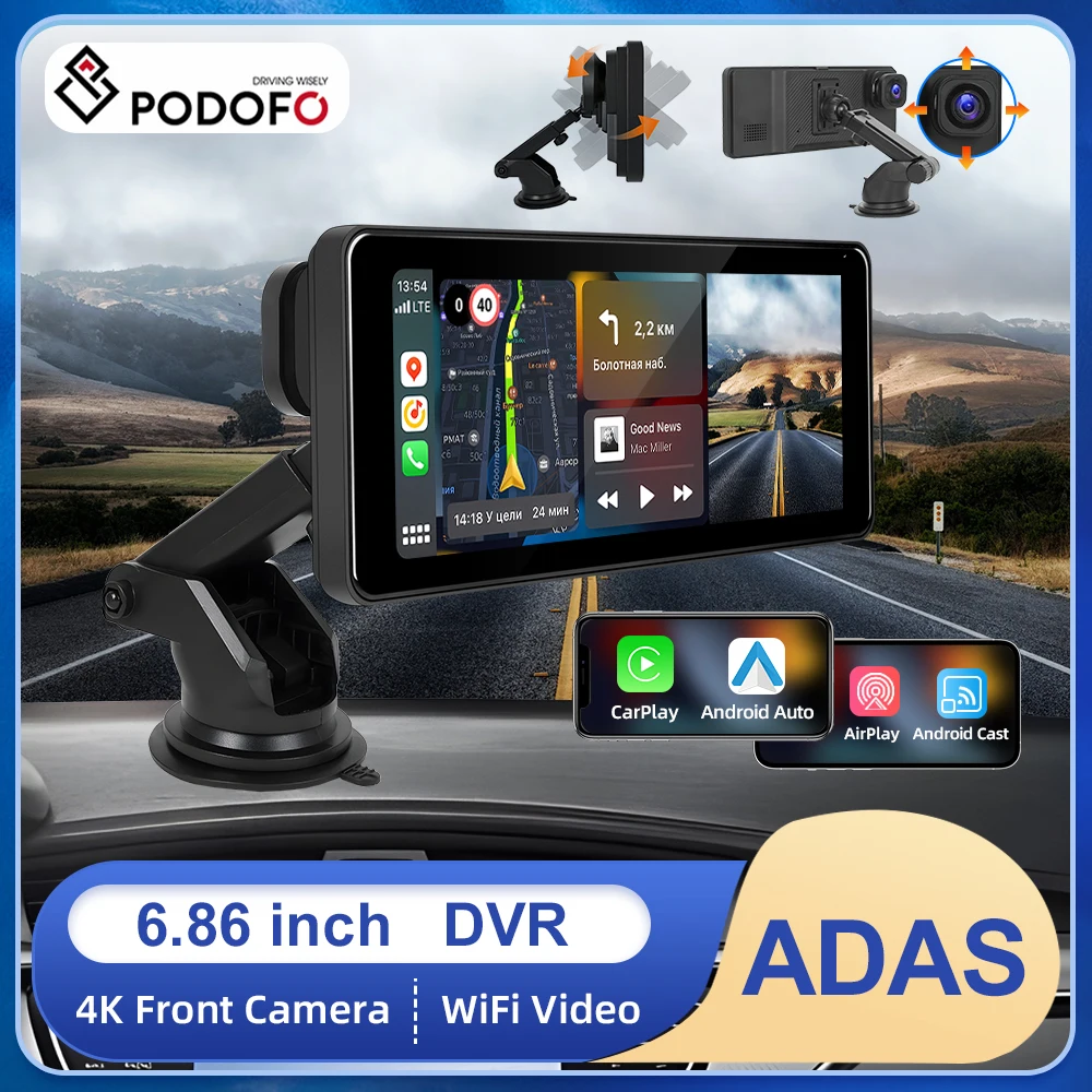 Podofo Adas Dvr 4K Dash Cam Monitor Carplay Android Auto Android Cast Smart Player Portatile 4K Foward Camera Dashboard Recorder