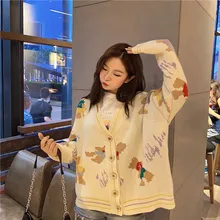 

Retro Cartoon Duck Pattern Knitted Cardigan Sweater Women Y2K Oversized Loose Casual Knitted Sweater Fashion Trend Cardigan Coat