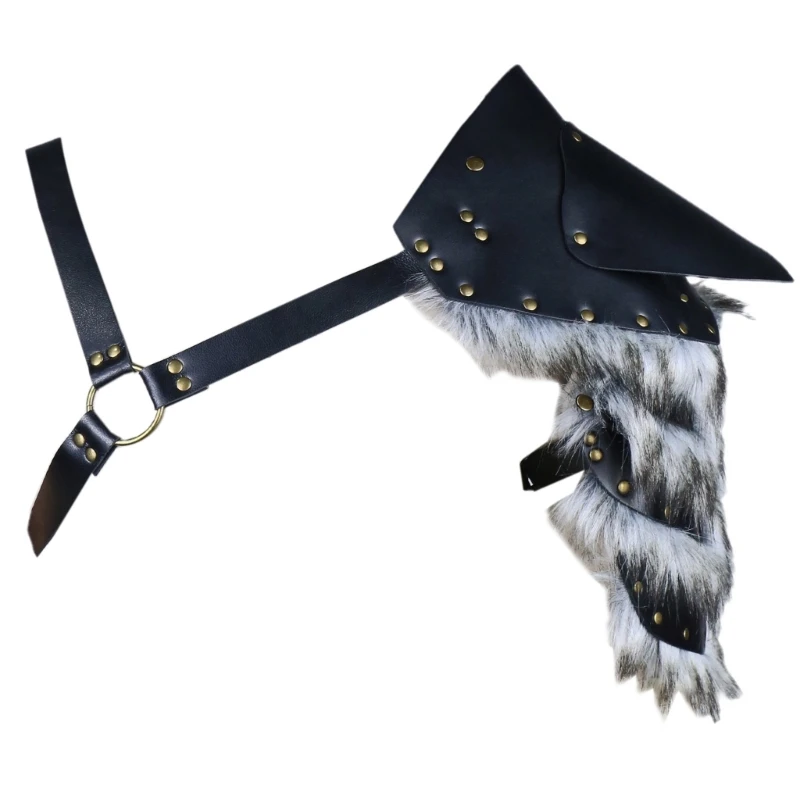 Adjustable Men's Black PU Leather Shoulder Armors with Furry Designs Medieval Shoulder Pauldron Decors for Carnivals
