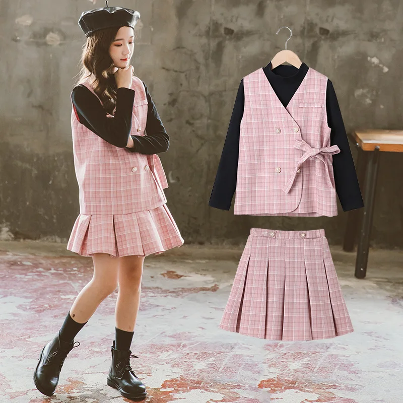 

2023 Korean Spring Autumn Children 2-Piece Sets Elementary Girl One-piece Dress Junior Girl O-neck Top Teenager Girl 2pcs Suit