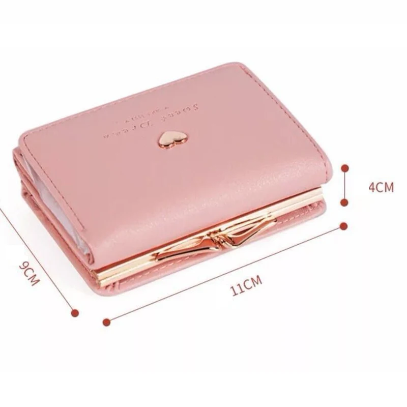 Ladies Wallet Short Cartoon Cute Coin Purse Girls Small Wallet Candy Color  Leather Solid Color Retro Short Wallet Heart-shaped Buckle Clutch