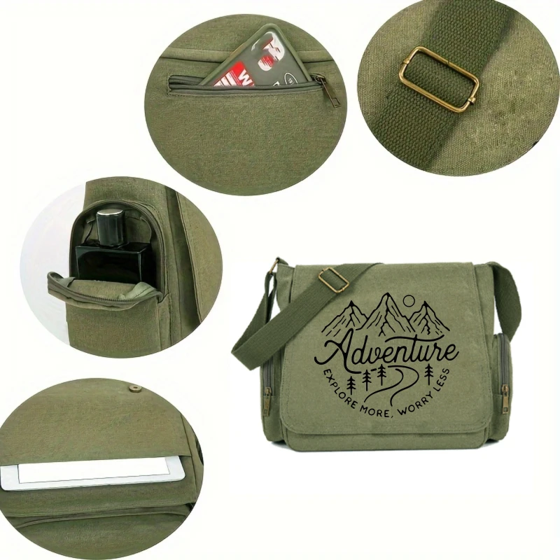 Vintage Letter Print Men's Shoulder Bag Women's Crossbody Bag Messenger Bag Canvas Large Capacity Flap Bag Travel