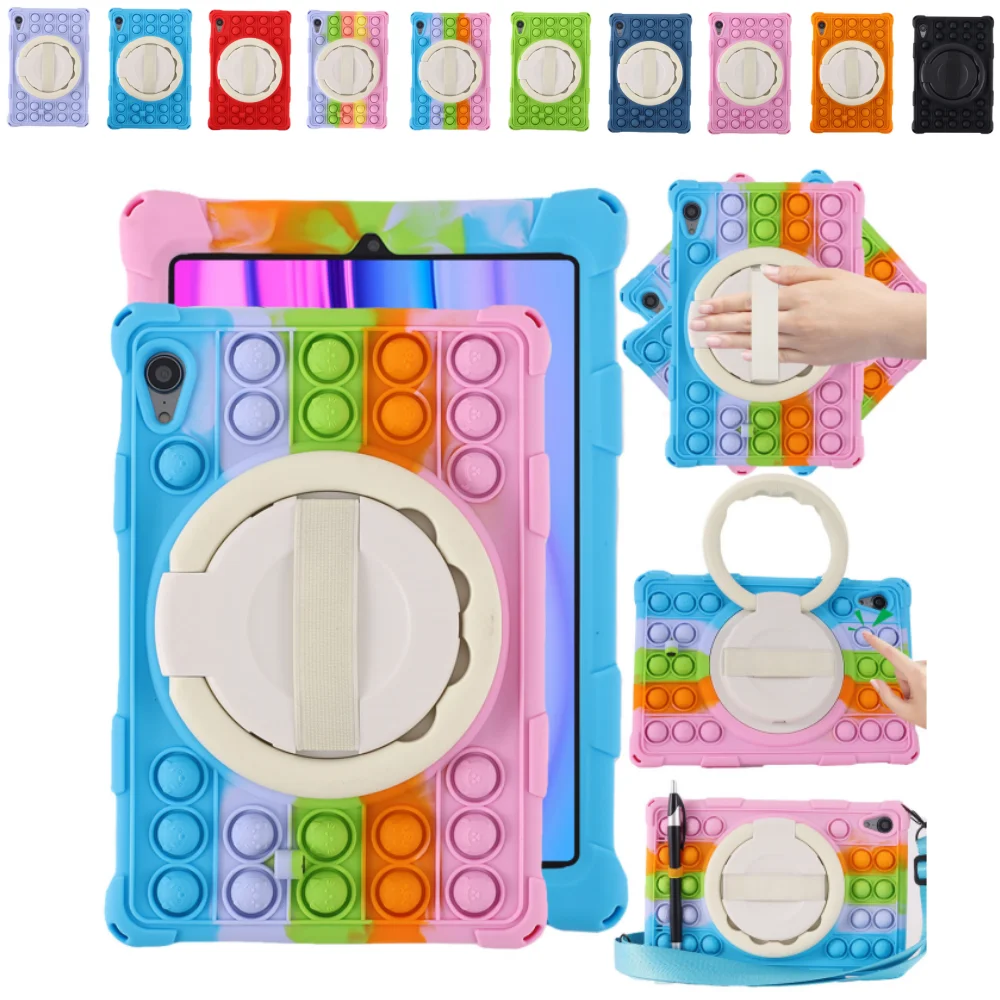 Shockproof Silicone Cartoon Bubble Kids Tablet Case with Shoulder Strap & Stylus Holder