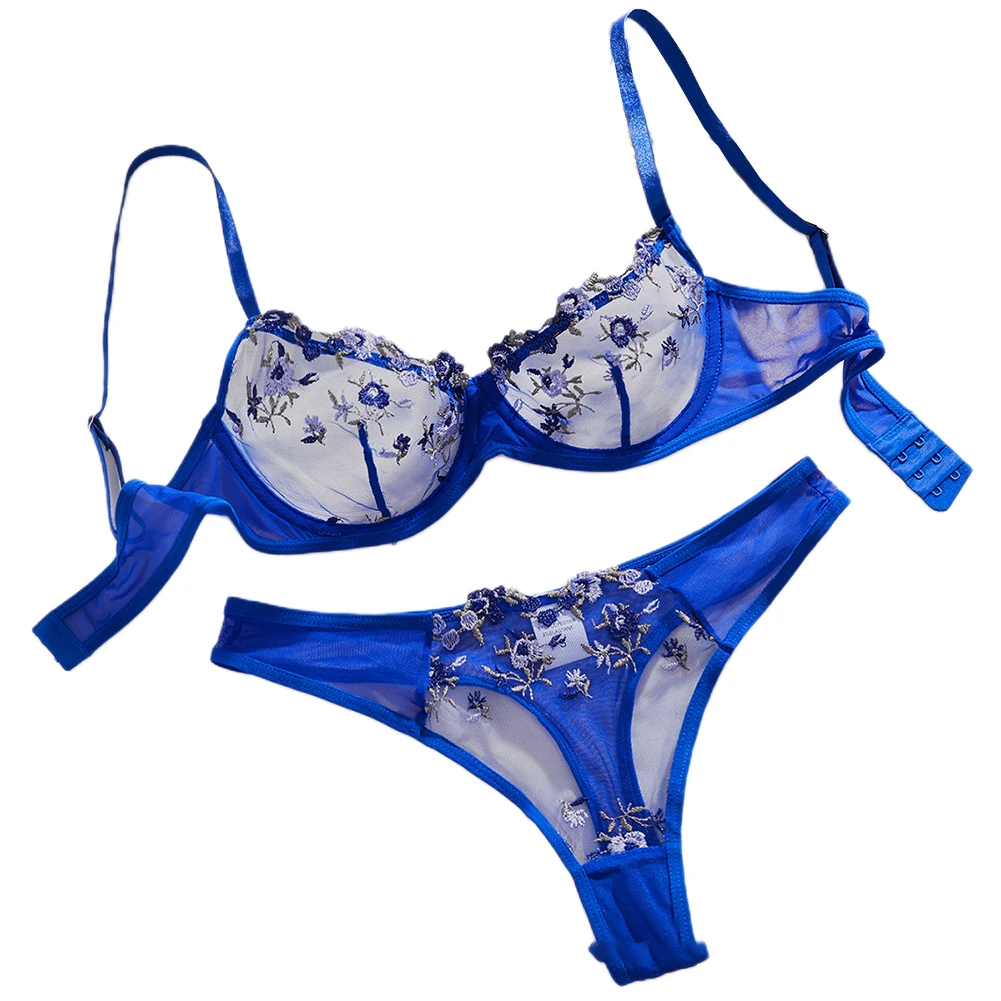 Womens Sweet Underwear Set Sexy Sheer Mesh Transparent Bra Panties Lace Embroidery Lingerie Suit Seductive Erotic Costume Outfit