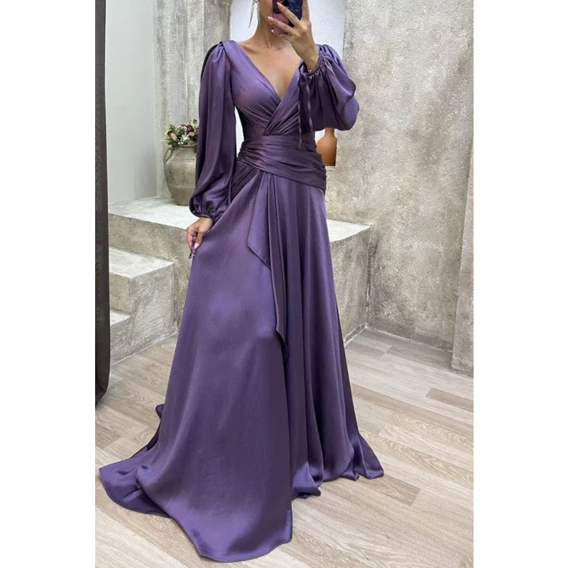 

Women's elegant satin pleated banquet dress long skirt