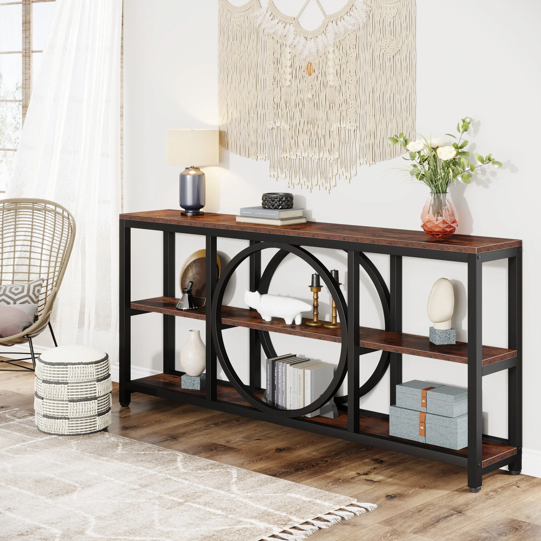 Tribesigns Extra Long Console Table, 70.9 inch Narrow Sofa Tables with 3 Tier Wood Storage Shelves Industrial Metal Frame