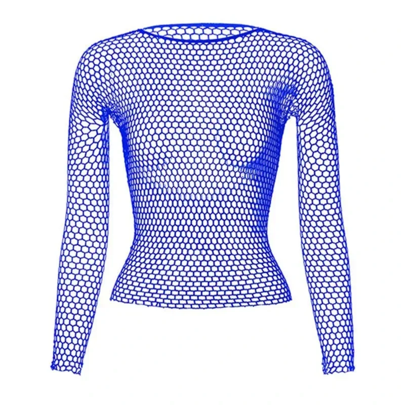 Women Fishnet Mesh Tops 6 Colors Sexy See Through T-Shirt  Skinny Goth Hollow Out Long Sleeve Shirts Crop Top Shirt Streetwear 6