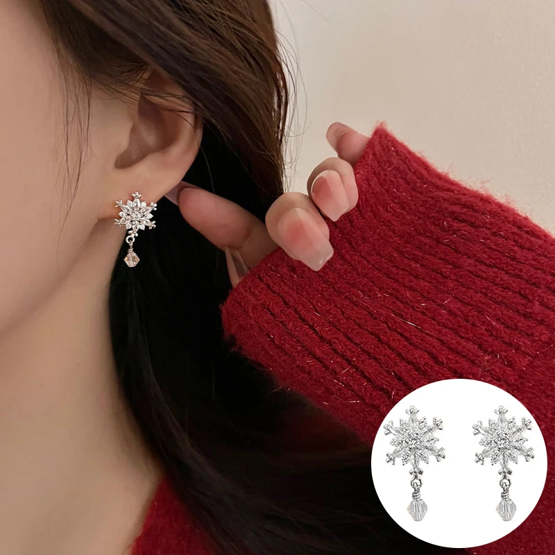 

100% 925 Sterling Silver Zircon Snowflake Earring for Women Girl Geometric Christmas Design Jewelry Party Gift Dropshipping