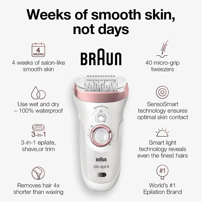 Braun Silk-épil 9 9-890, Facial Hair Removal for Women, Hair Removal Device, Bikini Trimmer, Womens Shaver Wet & Dry 3