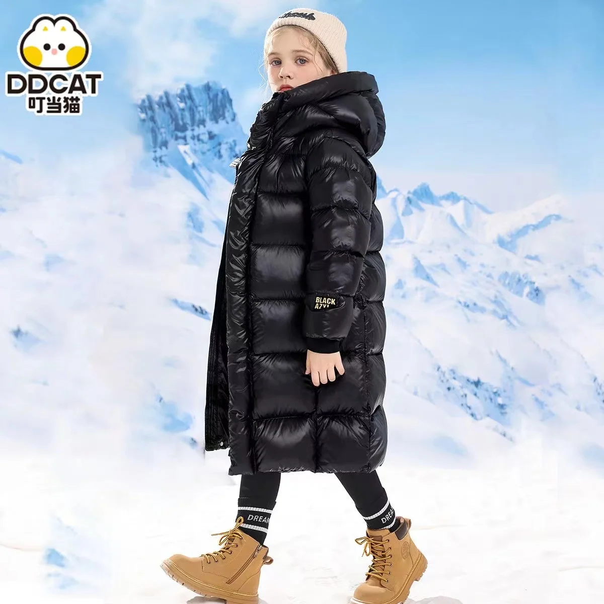 New Black Gold Down Cotton Jacket for Children Extended Thick Winter Cotton Jacket for Boys and Girls Thick Coat
