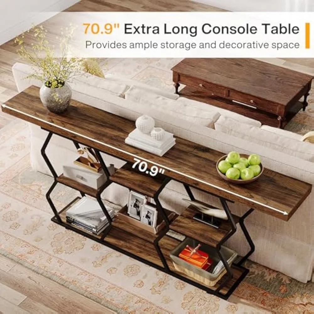 Extra Long Console Table with Shelves, Narrow Sofa Table Behind Couch with Storage, Industrial Entryway Table TV Stand 5