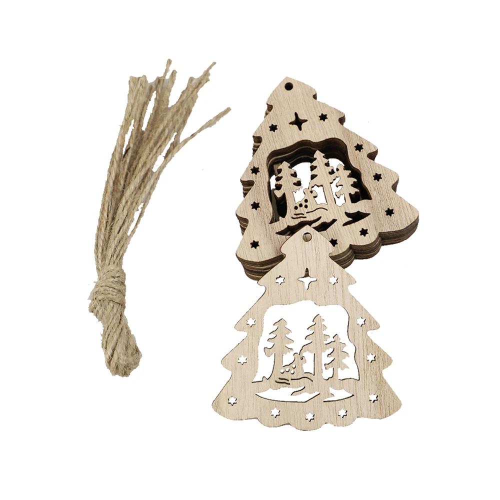 10pcs DIY Natural Christmas Craft Decoration House Snowflakes Tree Shape Wooden Chip Hanging Ornaments Christmas Navidad Decor