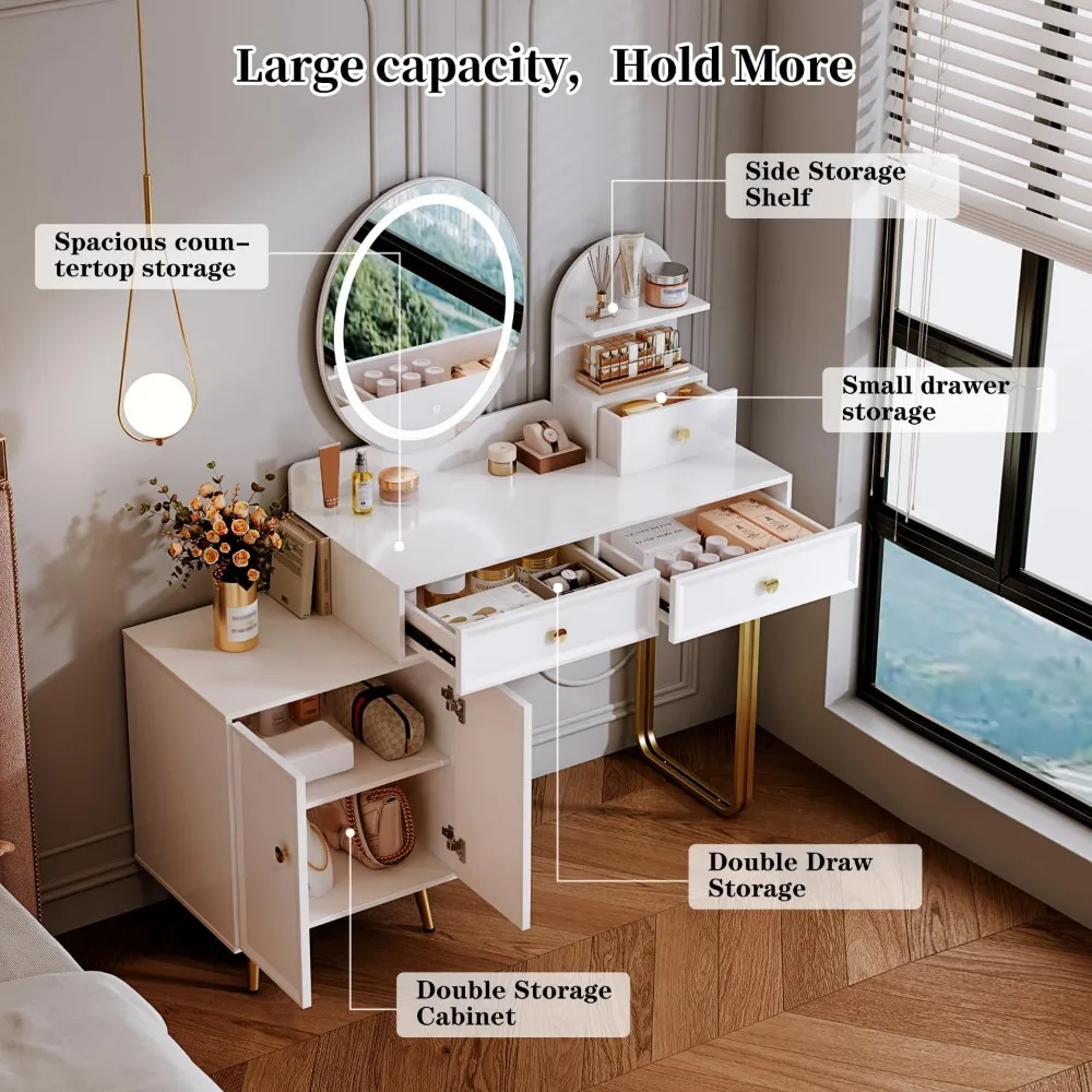 White,Vanity Desk with Mirror and Lights,Small Makeup Vanity with 2 Spacious Drawers,Modern Makeup Table with Adjustable Cabinet