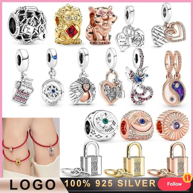 New High Quality 925 Silver Padlock Heart shaped Rose Pendant For Original Logo Women's Bracelet Fashion DIY Charm Jewelry Gift