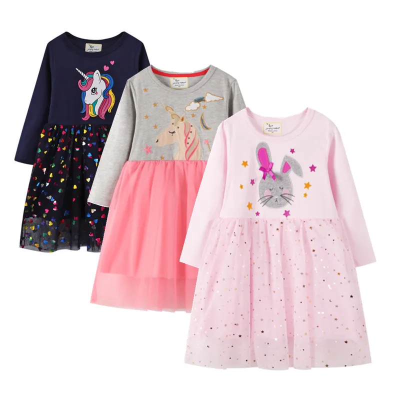 

Unicorn Princess Girls Dresses Animals Print Winter Cotton Children's Costume Baby Girls Long Sleeve Birds Butterfly Dress