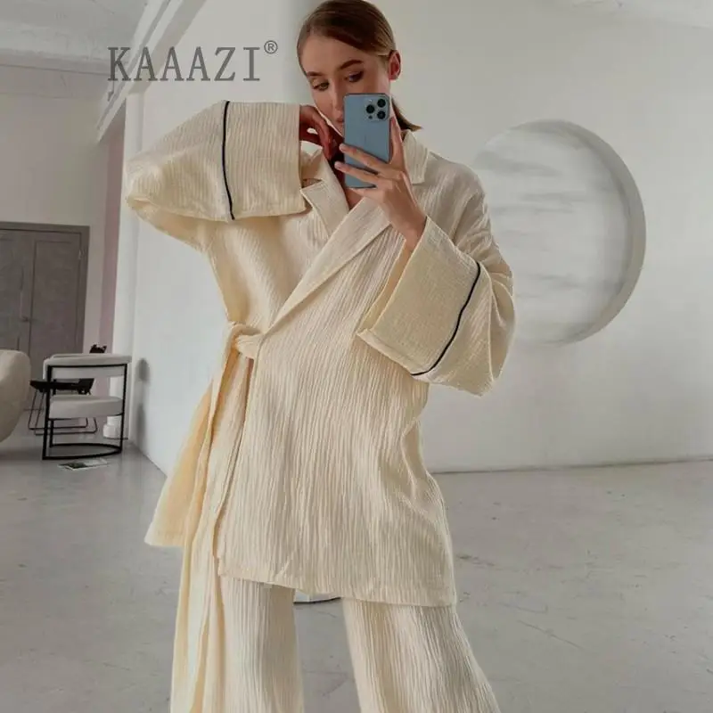 

KAAAZI Модный повседневный бандажный длинный брючный костюм со складками с отложным воротником Женский Топ с длинным рукавом свободный комплект из двух предметов Осень новинка