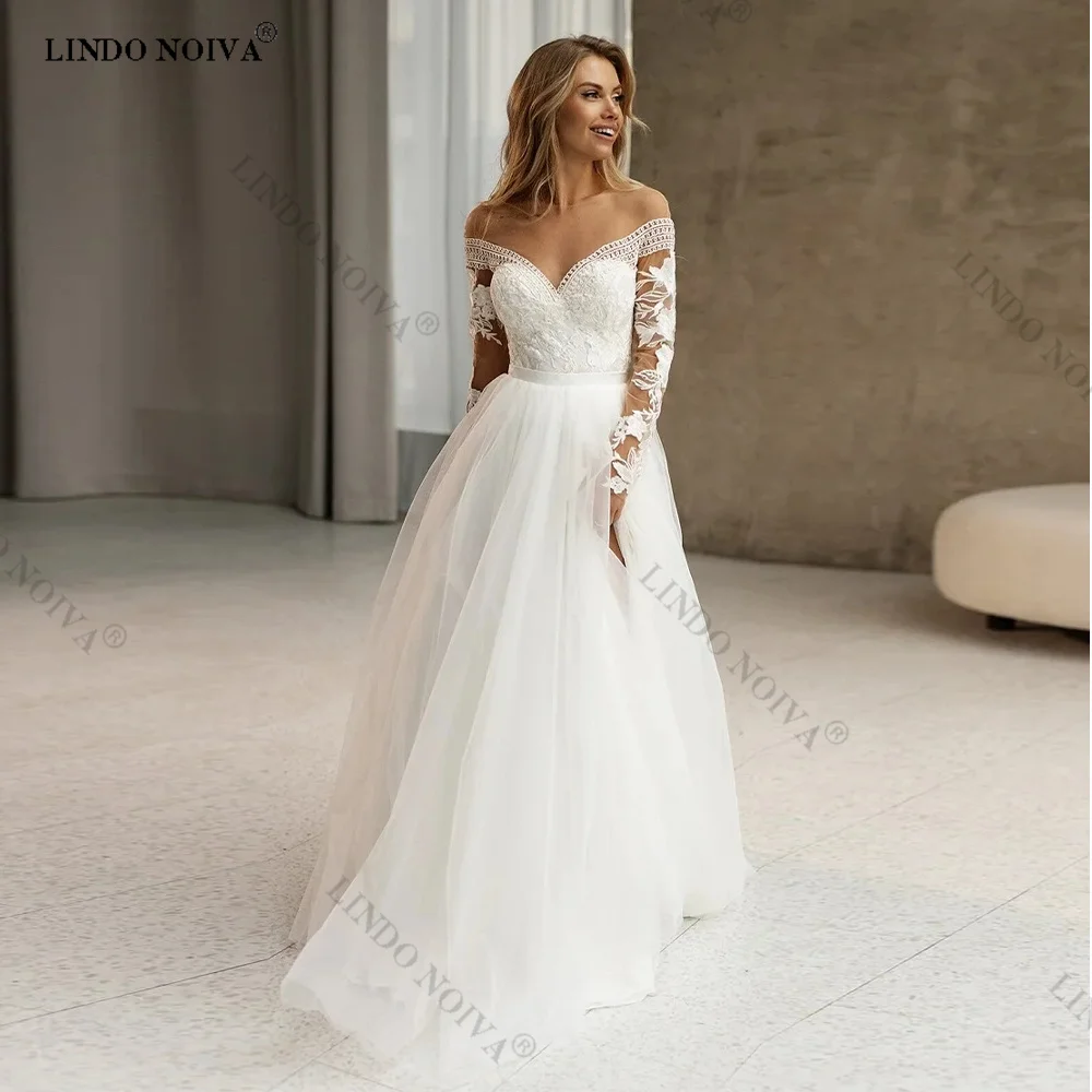 

LINDO NOIVA V-Neck Lace Appliques A-Line Wedding Dresses Off Shoulder Wedding Gowns for Women 2023 Bride vestidos de noiva civil