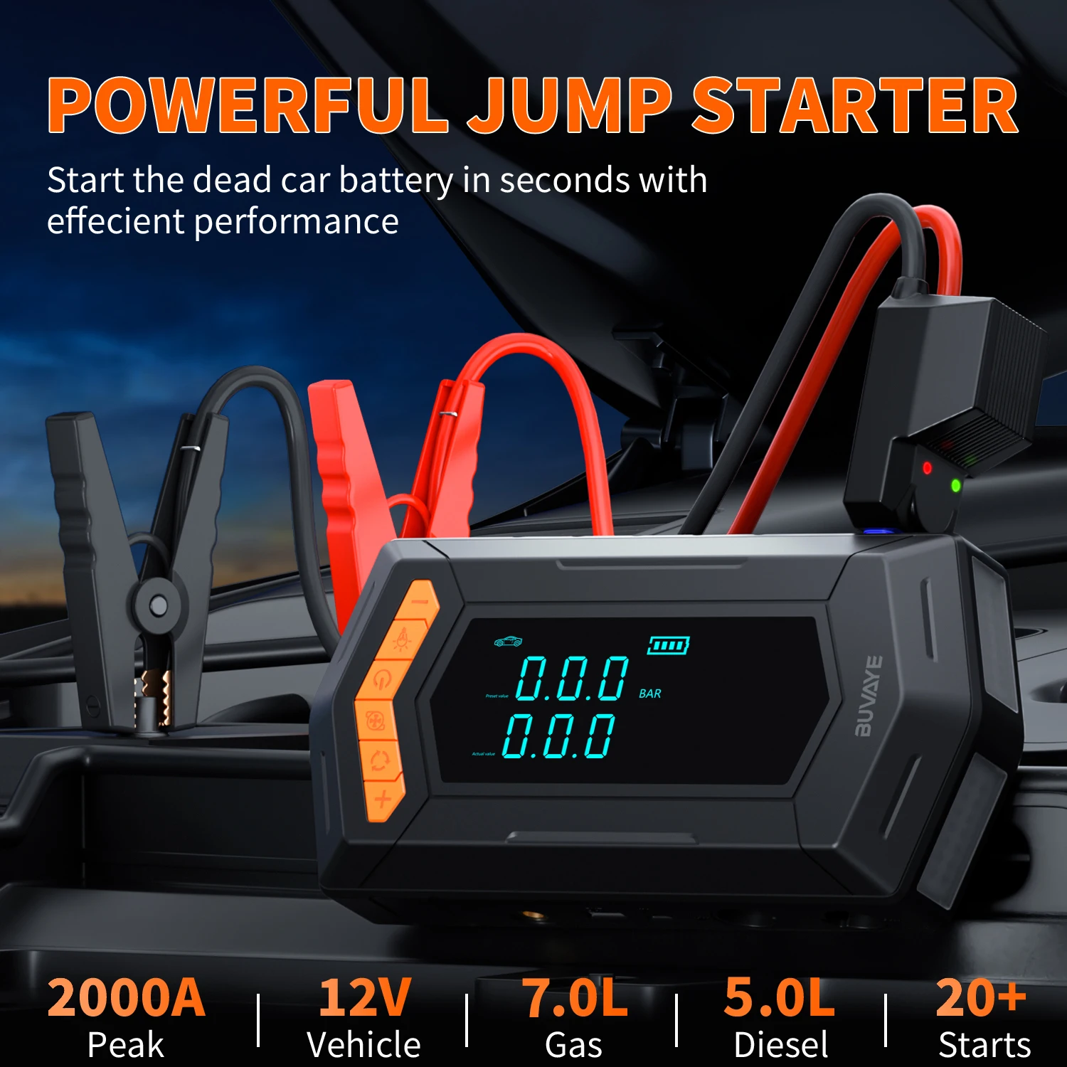 BUVAYE Jump Starter Air Compressor with Air Pump Portable 2000A Battery Booster 150PSI Electric Inflator 250Lmin Inflatable Pump